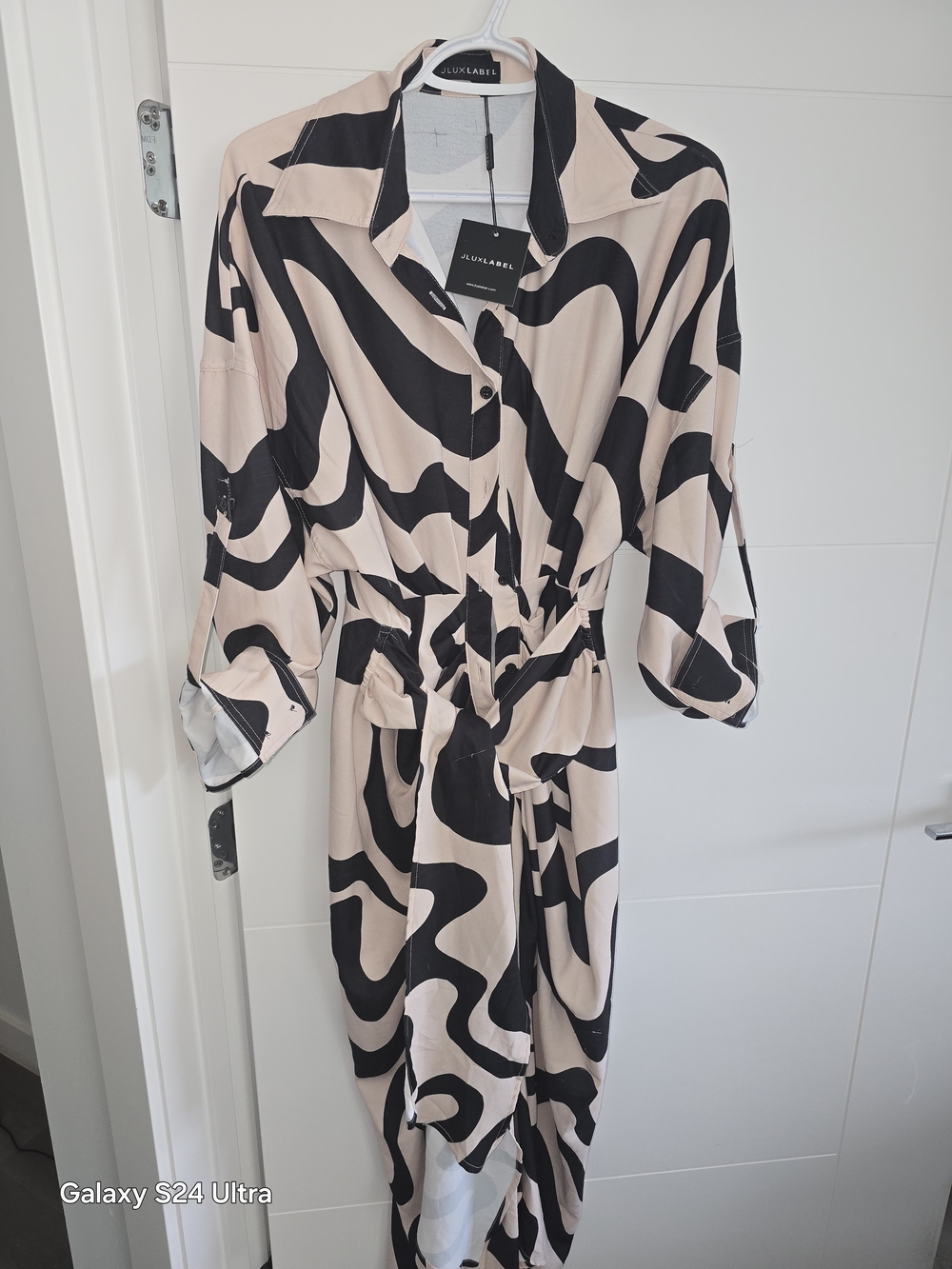 JLUXLABEL Beige and Black Abstract Long Sleeve Shirt Dress